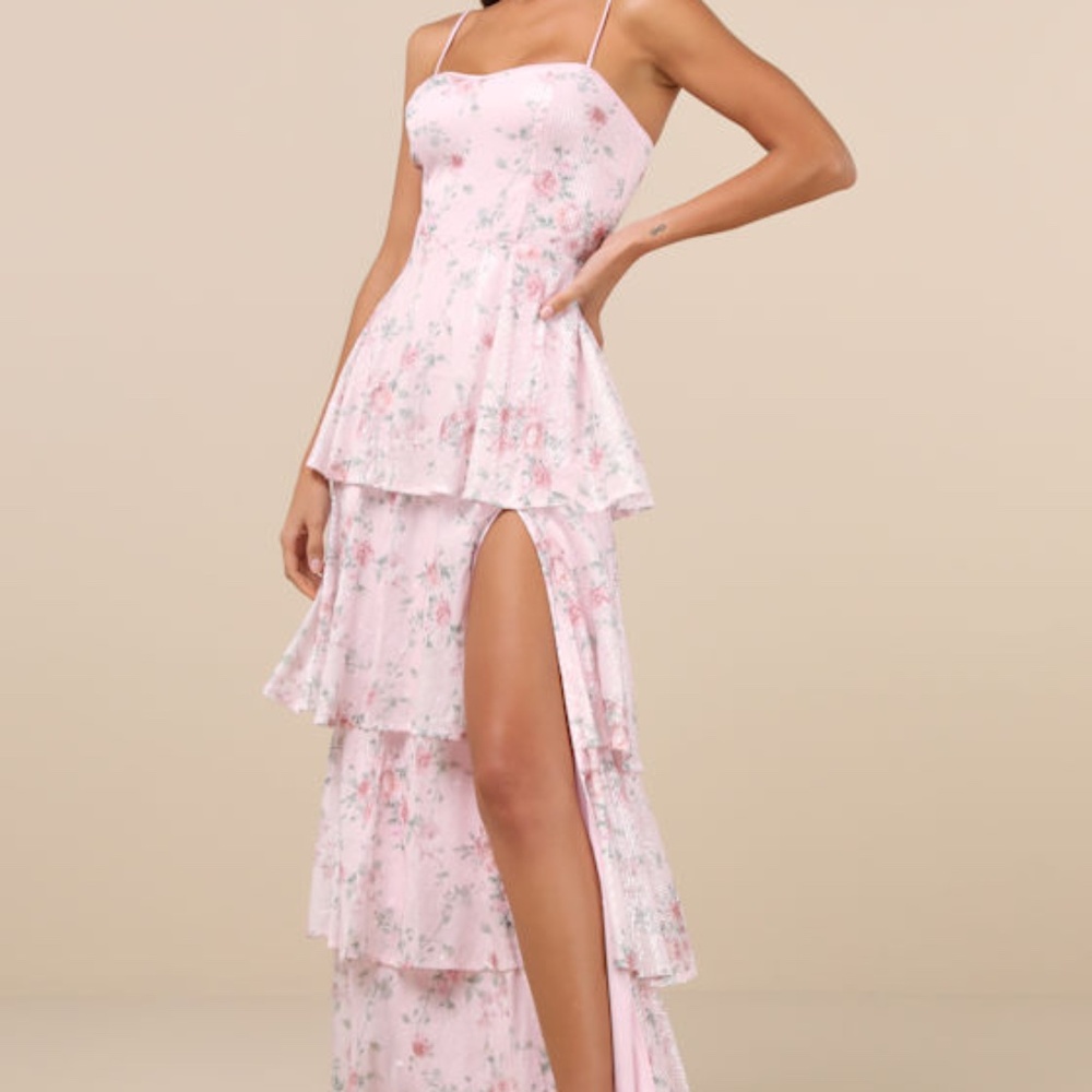 Lulus Flourishing Shine Light Pink Floral Sequin Tiered Maxi Dress - Size L